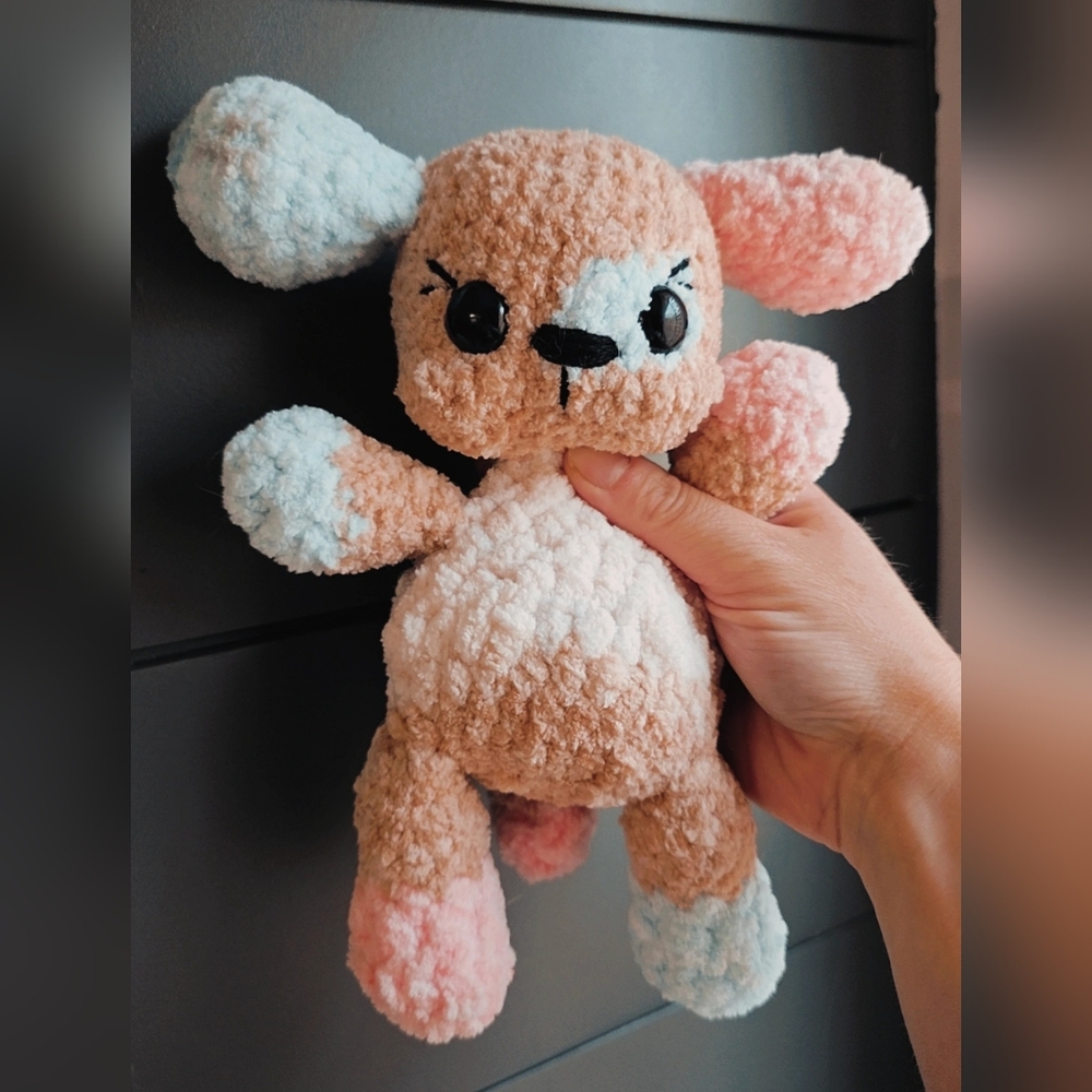 Crochet Stuffed Animal Puppy. Tan, Pink, Blue
